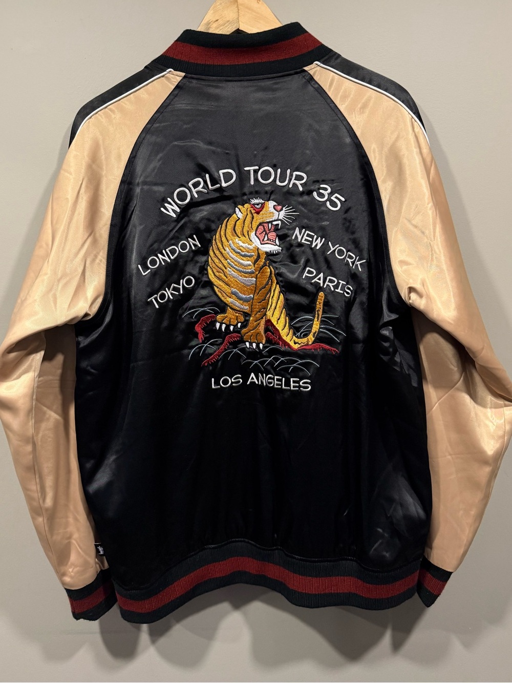 Stussy vintage 90s Black & Beige Satin Tiger Embroidered Bomber Jacket